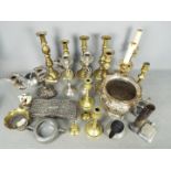 A collection of metalware, plated, brass, pewter.