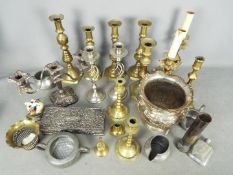 A collection of metalware, plated, brass, pewter.