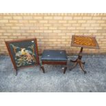 A chessboard table 70 cm x 46 cm x 46 cm, an embroidered fire screen and a stool.