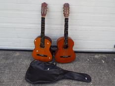 Two acoustic guitars comprising a Hohner MC05 and a Balmeria in soft case.