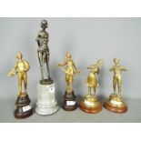 Five metal sculptures, all mounted to plinths, largest approximately 43 cm (h).