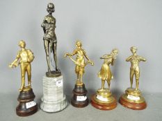 Five metal sculptures, all mounted to plinths, largest approximately 43 cm (h).