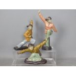 Three Shiwan figurines depicting female martial artists,