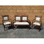 A 19th century upholstered mahogany three-piece suite, the sofa 94 cm (h) x 103 cm (w) x 52 cm (d),