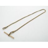 A 9ct gold watch chain with T bar, approximately 12.9 grams all in.