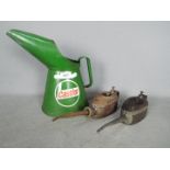 Autmobilia - Two vintage Kaye's oil cans and a two litre Castrol oil can.