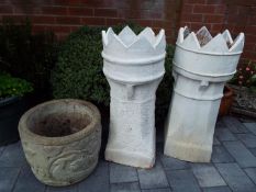 Two chimney pots, 76 cm (h) and a round