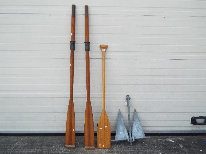 Boating - A pair of wooden oars marked Fenton Hill Marine, a wooden paddle and an anchor.