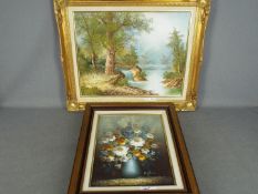 Two framed oils on canvas, one a landscape scene, 40 cm x 50 cm image size and a floral still life,