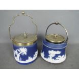 Two Adams jasperware biscuit barrels, each decorated with a hunting scene.