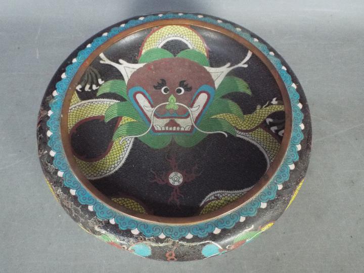A cloisonné censer decorated to the interior with a front facing five clawed dragon and flaming - Image 2 of 12