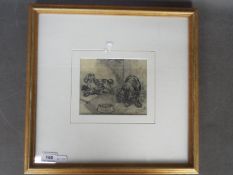 A framed print after Charles Tunnicliffe, depicting two dogs, mounted and framed under glass,