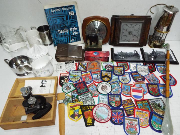 Woven badge collection, with Sampson's album, 2 x Barometers, Denby Dale Pie brochure 1964,