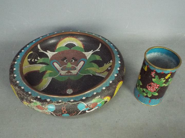 A cloisonné censer decorated to the interior with a front facing five clawed dragon and flaming