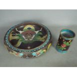 A cloisonné censer decorated to the interior with a front facing five clawed dragon and flaming