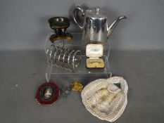 A mixed lot of collectables to include a beadwork evening bag, plated toast rack, silver brooch,