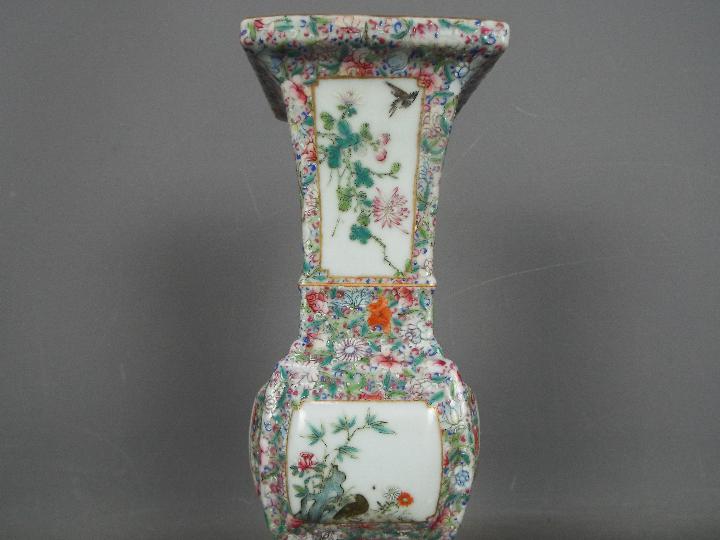 A Cantonese famille rose vase of square section, decorated with flowers and birds, - Image 3 of 16