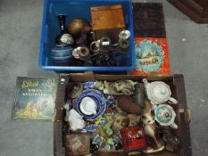 A mixed lot to include plated ware, ceramics, vintage biscuit tins, jewellery box and similar,