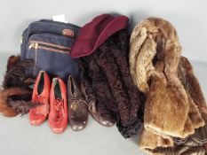 A collection of mink and similar fur coats, stoles and similar, leather shoes (no size indicated).