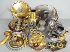 A box of mixed metal ware to include pewter, brass, copper and similar.