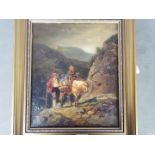 A framed oil on canvas depicting a man leading a child on horseback in a mountainous setting,
