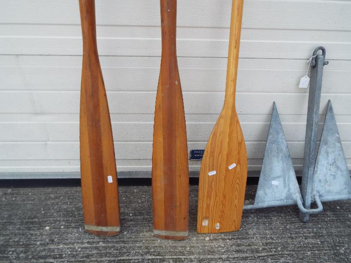 Boating - A pair of wooden oars marked Fenton Hill Marine, a wooden paddle and an anchor. - Image 2 of 3