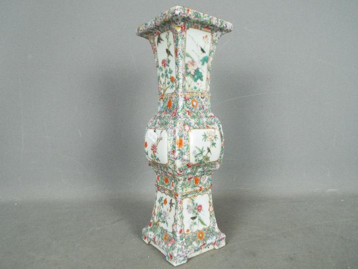 A Cantonese famille rose vase of square section, decorated with flowers and birds, - Image 4 of 16