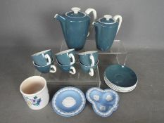 A Poole Pottery coffee set, small Poole pot or vase and two pieces of Wedgwood jasperware.