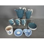 A Poole Pottery coffee set, small Poole pot or vase and two pieces of Wedgwood jasperware.