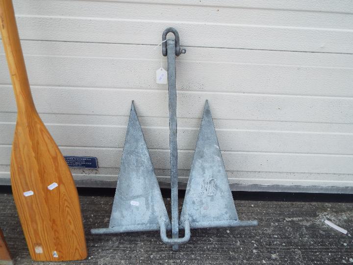 Boating - A pair of wooden oars marked Fenton Hill Marine, a wooden paddle and an anchor. - Image 3 of 3