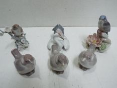 Lladro - Six Ceramic Bird figurines. Tallest is 13cm high.