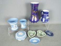 A quantity of Wedgwood Jasperware and similar and a Crown Devon Lustrine vase.