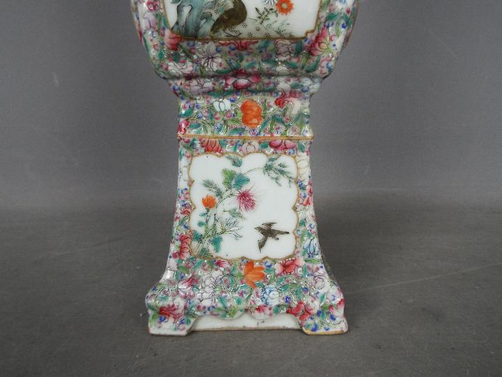 A Cantonese famille rose vase of square section, decorated with flowers and birds, - Image 2 of 16