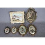 A collection of ornately framed Italian silk prints and a small oil on board Alpine landscape scene.