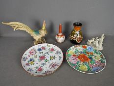 A small ceramics groups to include Chinese plates, Portuguese bird figurine,