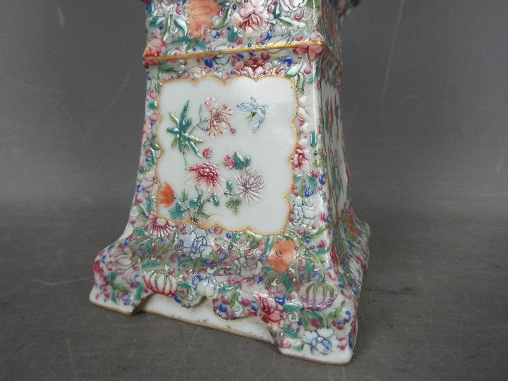 A Cantonese famille rose vase of square section, decorated with flowers and birds, - Image 10 of 16