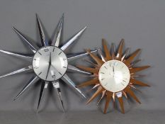 Two Metamec Sunburst clocks, one with chrome rays the other with wood and coppered finish,