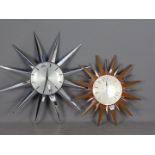 Two Metamec Sunburst clocks, one with chrome rays the other with wood and coppered finish,