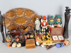 A quantity of treen, carved wooden tray, trinket box, chess set, nesting dolls,