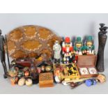 A quantity of treen, carved wooden tray, trinket box, chess set, nesting dolls,