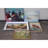 A collection of oil paintings, various image sizes, largest approximately 61 cm x 76 cm.