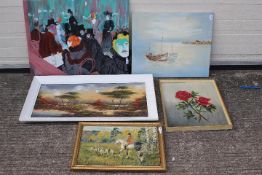 A collection of oil paintings, various image sizes, largest approximately 61 cm x 76 cm.