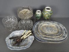 Lot to include a quantity of blue and white meat plates and serving dishes, studio pottery vases,