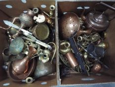 A quantity of mixed metal ware, brass, copper and similar, two boxes.