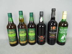 Five bottles of alcoholic drink to include port and ginger wine and one non-alcohol ginger drink.