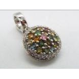 A Rainbow Tourmaline & White Zircon platinum plated Silver pendant, ATGW 13.12ct, size 2cm (d), 3.