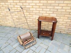 A vintage Webb lawnmower and an occasional table measuring approximately 62 cm x 51 cm x 35 cm.