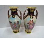 A pair of Royal Vienna style twin handled vases decorated with typical scenes,