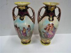 A pair of Royal Vienna style twin handled vases decorated with typical scenes,