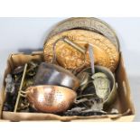 A box of mixed metalware to include pewter, copper, brass royal coat of arms, pans,
